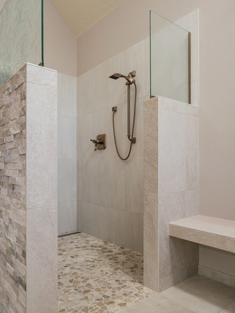 Walk In Walled Showers, Walk In Spa Shower Master Bath, Walk In Shower With Stone Floor, Walk In Shower No Door Half Walls, Shower Glass Panel Half Walls, Large Curbless Shower Ideas, Earthy Stone Bathroom, Shower With No Walls, Cave Shower Ideas