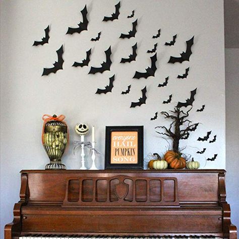 50Pcs Halloween Bat Wall Decals Stickers 3D Black Bats Wall Stickers Bat Halloween Decorations Door - - Amazon.com Bat Wall Decor Halloween Decorations, Halloween Diy Scary, Halloween Decorations Inside, Halloween Party Scary, Scary Bat, Halloween Bat Decorations, Bat Wall, Creepy Halloween Decorations, Spooky Halloween Party