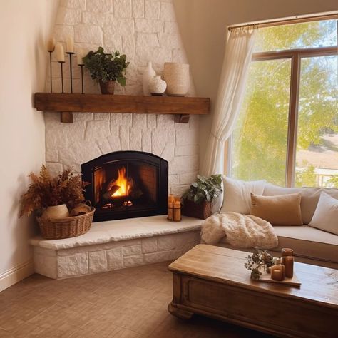 How To Decorate With A Corner Fireplace, Corner Fireplace Sitting Area, Fireplace Design Corner, Corner Fireplace Barndominium, Corner Fireplace With Bench, Cozy Basement With Fireplace, Farmhouse Fireplace Corner, Corner Gas Stove Fireplace Ideas, Indoor Corner Fireplace