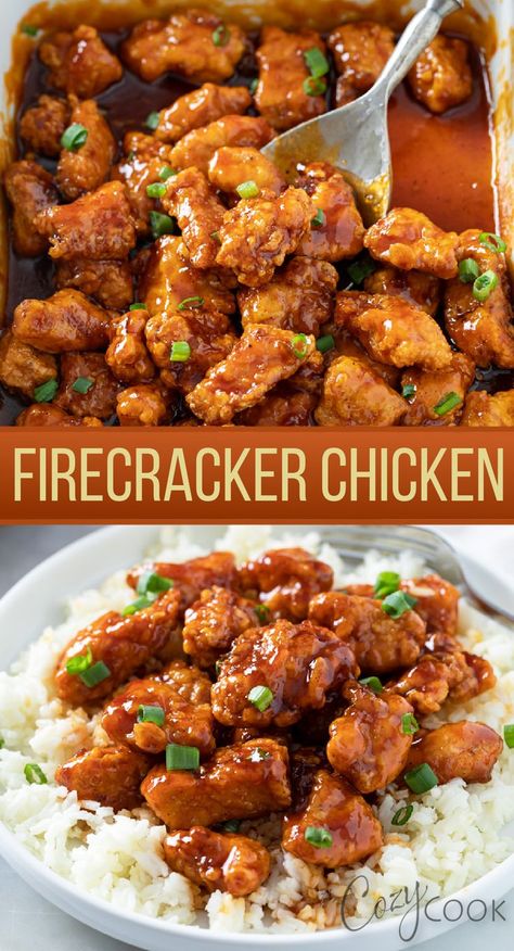 Firecracker Chicken served over rice with a delicious red fire sauce Chicken And Rice Recipes Asian, Crispy Chicken And Rice, Chicken Thigh Recipes Fried, Best Reheatable Meals, Chicken Breast Chinese Recipes, Chinese Chicken Breast Recipes, What Can I Make With Chicken Breast, Healthy Cozy Dinner Recipes, Chicken Breast Recipes With Rice