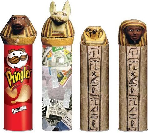 Use empty Pringles containers to make Egyptian-inspired canopic jars. SOTW Chap 4 Diy Pringles, Ancient Egypt Crafts, Ancient Egypt Activities, Egypt Lessons, Ancient Egypt Unit, Egypt Activities, Egyptian Crafts, Ancient Egypt Projects, Egypt Crafts