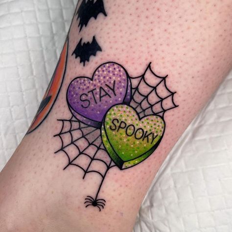 Spooky Color Tattoo, Halloween Candy Hearts Tattoo, Spooky Glitter Tattoo, Color Line Work Tattoo, Spooky Cupcake Tattoo, Halloween Cupcake Tattoo, Ring Pop Tattoo, Halloween Knee Tattoo, Glitter Tattoo Permanent