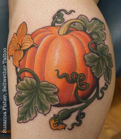 Pumpkin tattoo in honor of Halloween! By Suzanna Fisher of Bellwether Tattoo in Seattle, WA Mandala Hip Tattoo, Cute Halloween Tattoos, 12 Tattoos, Pumpkin Tattoo, Autumn Tattoo, Hip Tattoos Women, Vine Tattoos, Halloween Tattoo, Botanical Tattoo