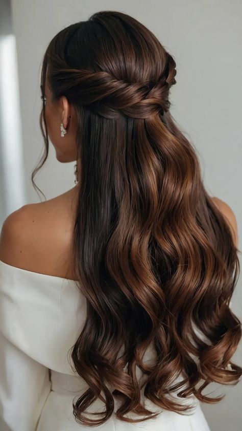 15 Elegant Half Up Half Down Wedding Hairstyles for Every Bride - Fads Open Hair Party Hairstyles, Prom Hairstyles For Long Layered Hair, Layered Hair Wedding Styles, Open Hairstyles For Big Forehead, Open Hair Hairstyle For Wedding, Bridal Hair Pulled Back, Different Wedding Hairstyles, Extra Long Wedding Hair, Hair For Prom Long