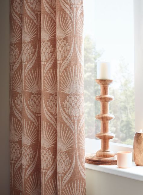 Our Eskdale Weave Coral fabric features a large thistle woven fabric, with intricate cream threads woven onto a muted coral-orange background. A Cotton/Poly blend fabric, these curtains will add warmth and a touch luxury to any room. Pair with elegant neutrals and wooden tones to create a stunning finish for your room. Scottish Interiors, Coral Curtains, Scottish Decor, Coral Bedroom, Country Vibes, Thistle Design, Coral Fabric, Bedroom Orange, Inspired Interiors