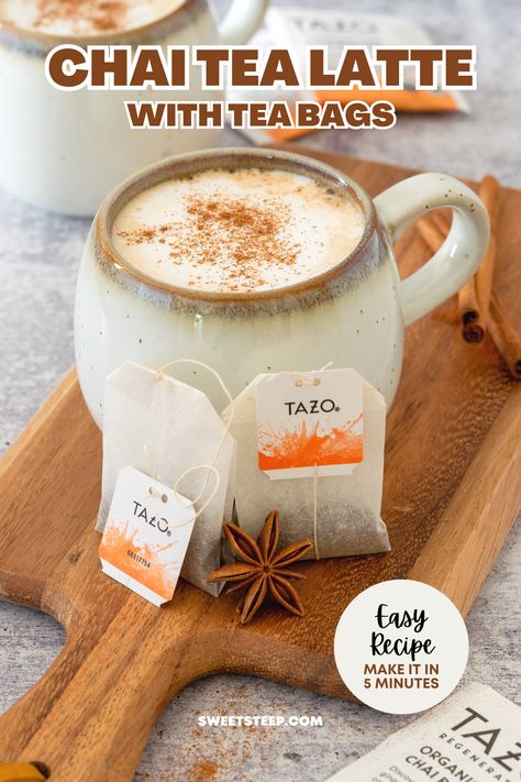 Chai tea latte in a mug with cinnamon on top and two chai tea bags. Tea Bag Recipes, How To Make Chia Tea Latte, Oatmilk Chai Tea Latte, Milk Chai Tea, Sugar Free Chai Tea Latte, Chai Tea Recipe With Tea Bag, Chai Tea Latte With Tea Bags, How To Make Tea Bags, Healthy Chai Tea Latte