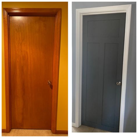 Panelled Doors Interior Diy, Flat Panel Front Door Makeover, How To Make Old Doors Look New, Update Solid Wood Door, Old Door Transformation, Adding Trim To Flat Doors, Painted Flat Panel Doors, Painting Sliding Closet Doors, Interior Door Refresh