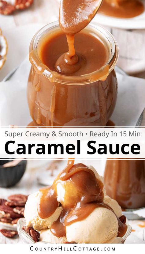 This easy evaporated milk caramel sauce requires only 6 ingredients and is ready in 15 minutes. It’s a delicious topping for just about any dessert. From ice cream sundaes to cheesecake, brownies, pie, and cake, you’ll want to spoon homemade salted caramel sauce over everything! This evaporated milk caramel sauce has an addicting, rich flavor and a smooth, thick texture. If you find homemade caramel sauce intimidating, this simple recipe will change your mind. | CountryHillCottage.com Holiday Desserts Cookies, Caramel Sauces, Holiday Desserts Thanksgiving, Fun Holiday Desserts, Homemade Caramel Recipes, Healthy Holiday Desserts, Salted Carmel, Easy Holiday Desserts, Easy Caramel