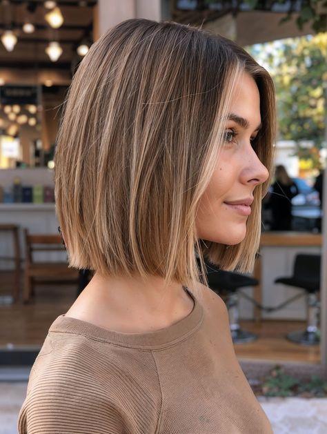 Lob With Highlights Balayage, Soft Brown Short Hair, Short Bob Hair Colors, Soft Brown Hair Short, Brown To Blonde Bob, Short Bob Haircuts Straight Hair, Bronde Bob Hair, Bob Waves Hair, Short Bob On Round Face