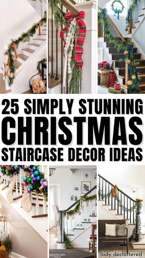 25 Simple Stunning Christmas Staircase Decor Ideas Staircase Railing Decoration, Diy Christmas Railing Decor, Simple Christmas Banister, How To Decorate A Banister, Ribbon On Banister Christmas, Bannister Christmas Decor Garlands, Modern Staircase Christmas Decor, Stairrail Christmas Decorations, Bannister Ideas Christmas