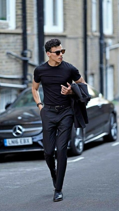 #mercedes #benz #blackcar #blackoutfit #blackshoes #blackshades Guys All Black Outfit, Formal Pants Outfit, Boys Homecoming Outfits, All Black Formal Outfits, Wedding Guest Outfit Men, Men Formal Outfit, Outfit Nero, Full Black Outfit, Aesthetics Photos