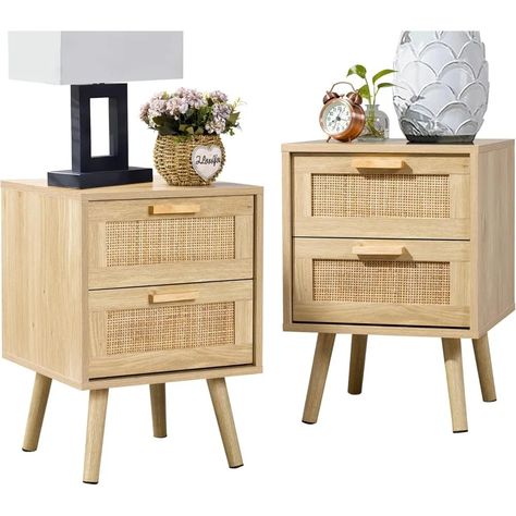 "Introducing the perfect blend of simplicity and sophistication for your bedroom oasis! Say hello to our two Minimalist Modern natural wood night stands with Rattan accents. Crafted with clean lines and warm, natural tones, these nightstands bring a touch of nature indoors, creating a serene ambiance in any space. Designed to complement any decor style, whether you're going for a Scandinavian vibe or a boho chic look, these night stands add a dash of elegance to your bedside. With ample st... Storage For Bedroom, Side Tables For Bedroom, Nightstand Decor, Style Marocain, Nightstand Set Of 2, Wood Accent Table, Furniture Material, Wooden Nightstand, Drawer Design