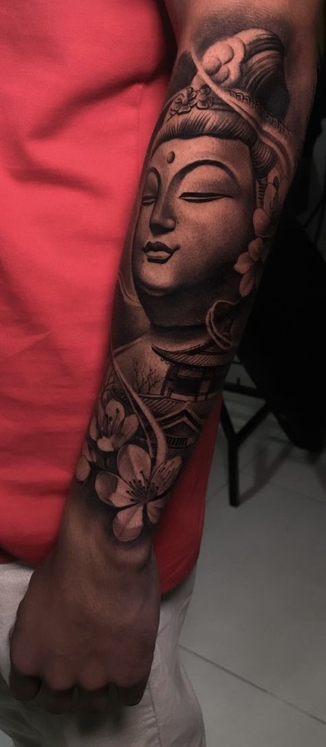 Buddha Arm Tattoo For Men, Thai Buddha Tattoo, Rose Tattoo Men Forearm, Arm Tattoo Men Forearm, Buddhist Tattoo Sleeve, Tattoo Men Forearm, Rose Tattoo Men, Tato Irezumi, Arm Tattoo Men