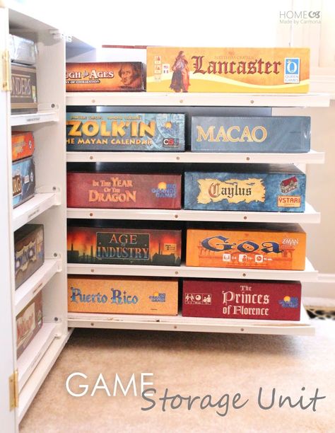 DIY Board Game Storage Unit - Home Made By Carmona// has pull out shelves Board Game Room, Board Games Diy, Board Game Storage, Open Bookshelves, Board Game Organization, Game Room Family, Board Game Table, Game Organization, Game Storage