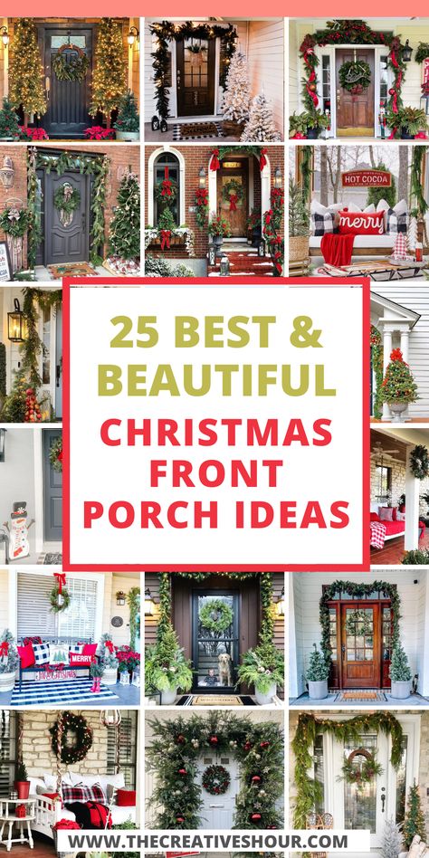 25 Festive And Gorgeous Christmas Front Porch Ideas Christmas Front Decorations Porch Ideas, Elf Porch Decor, Christmas Decor Sled Front Porches, Ranch Style Home Christmas Decor Exterior, Outside Christmas Tree Ideas Front Porches, Cute Christmas Porch Ideas, Large Front Porch Christmas Decor Ideas, Store Front Christmas Decorations, Christmas Ideas For Small Porch