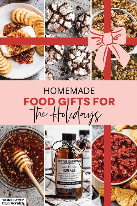 Give the gift of something special this holiday season with our unique homemade Christmas gift ideas! From salsa and granola to vanilla, cookie dough, and cheeseballs, these DIY edible gifts are easy to make and come with free printable tags from our site. Perfect for friends, family, or coworkers, these minimalist Christmas gifts add a personal touch to your holiday giving. Christmas Gifts Baskets, Food Gift Packaging, Christmas Cookie Gifts, Diy Edible Gifts, Marinated Feta, Raspberry Jam Recipe, Easy Homemade Salsa, Edible Christmas Gifts, Christmas Gift Inspiration