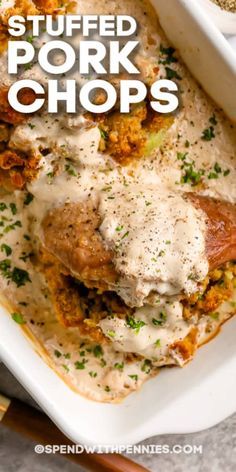 This Stuffed Pork Chops recipe is a delicious way to switch up those chops for dinner! Stuffed with savory stuffing and topped with mushroom soup, then baked in the oven until they're tender & juicy!  #spendwithpennies #stuffedporkchops #recipe #maindish #baked #easy Essen, Stuffed Pork Chop Recipes Baked, Stuffing Stuffed Pork Chops, Leftover Pork Chop Recipes Easy Dinners, Stuffed Pork Chops With Stuffing, Stuffed Pork Chops Baked In Oven, Stuffed Pork Chop Recipes, Thick Pork Chop Recipes, Easy Stuffed Pork Chops