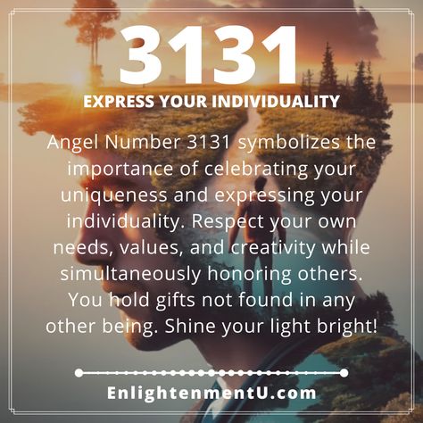 Angel Number 3131 symbolizes the importance of celebrating your uniqueness and expressing your individuality. Respect your own needs, values, and creativity while simultaneously honoring others. You hold gifts not found in any other being. Shine your light bright! 3131 Angel Number, 3131 Angel Number Meaning, Angel Number Meanings, Divine Guidance, Affirmations For Happiness, Number Meanings, Shine Your Light, Angel Messages, Embrace Change