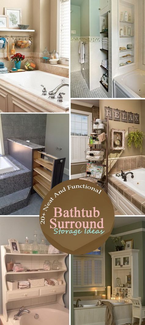 Neat And Functional Bathtub Surround Storage Ideas. Bath Tub Shelves, Bathroom Tub Storage Ideas, Bathtub Wall Storage, Garden Tub Organization Ideas, Garden Tub Storage Ideas, Shelving Around Bathtub, Bathtub Storage Ideas Shower Tub, Bath Tub Storage Ideas, Bath Tub Surround Ideas