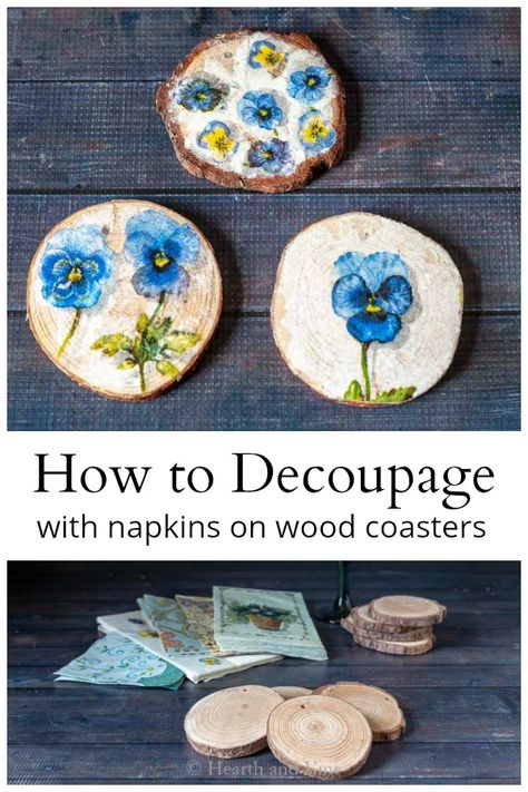 Pretty napkins and wood slices makes a great coaster gift. Pefect for wedding showers or Mother's Day. #decoupage #handmadegifts Decopatch Ideas, Decoupage Coasters, Wood Gifts Diy, Decoupage Tutorial, Decoupage Decor, Mod Podge Crafts, Decoupage Wood, Napkin Decoupage, Wood Slice Crafts