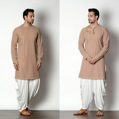 Dothi Kurta For Mens, Dhoti Mens Style, Kurta For Dusky Men, Kurta With Dhoti Pants For Men, Dhoti Look For Men, Kurta And Dhoti For Men, Dhoti Outfit Men, Traditional Dhoti Kurta For Men, Lukhnowi Kurta For Men