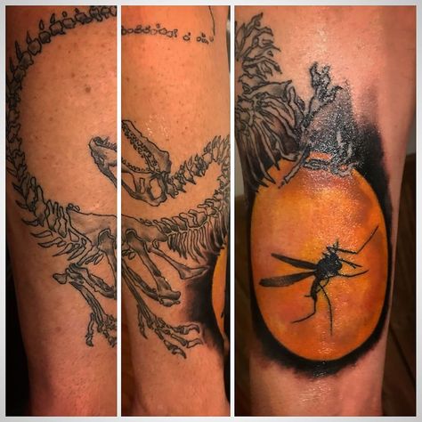 Jurassic Park Amber Tattoo, Raptor Skeleton, Amber Tattoo, Jurassic Park Tattoo, Forearm Sleeve, Jurassic Park, Fish Tattoos, Jesus Fish Tattoo, Watercolor Tattoo