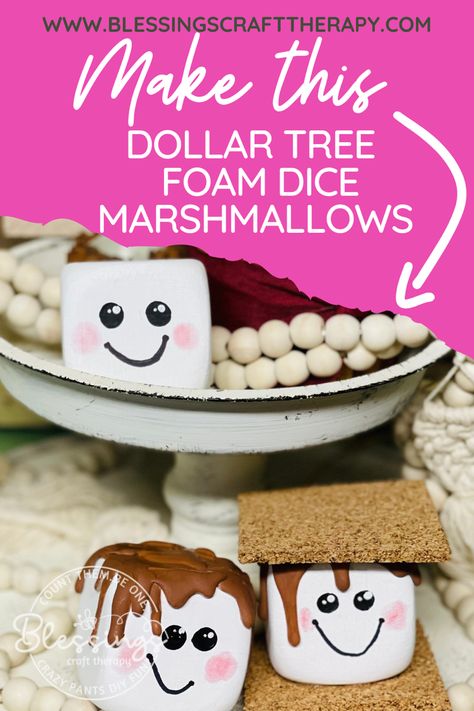 Dice Marshmallows Diy, Marshmallow Party Decorations, S’mores Diy Ornament, Foam Cube Crafts, Dollar Tree Foam Dice Christmas Crafts, Diy Smores Tray, Marshmallow Dice Diy, S’more Ornament Diy, Dollar Tree Foam Dice Crafts Diy