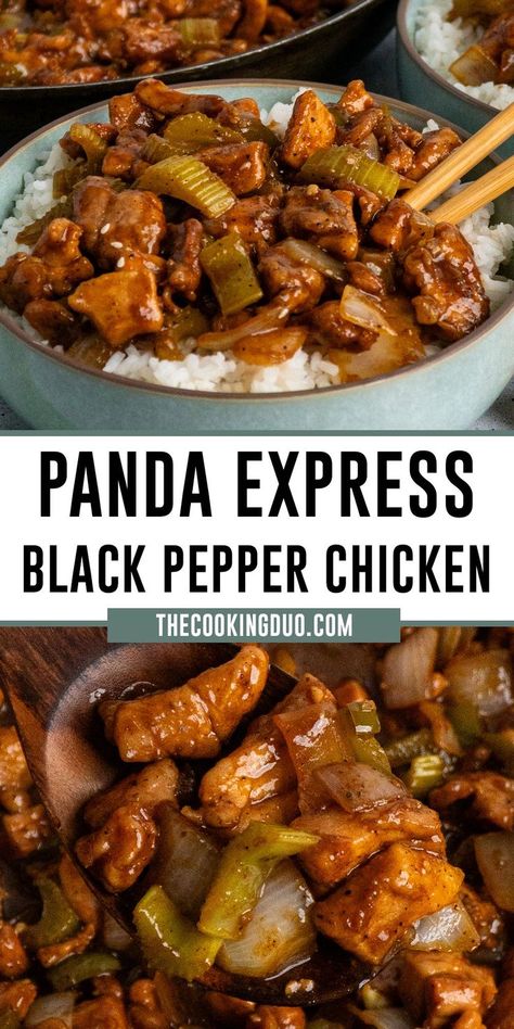 Close-up of Panda Express black pepper chicken on a wooden spoon and over a bowl of rice. Panda Express Black Pepper Chicken Copycat Recipes, Black And Pepper Chicken, Essen, Panda Express Pepper Chicken Recipe, Slow Cooker Black Pepper Chicken, Black Peppered Chicken Chinese, Panda Express At Home, Black Pepper Chicken Crockpot, Healthy Black Pepper Chicken