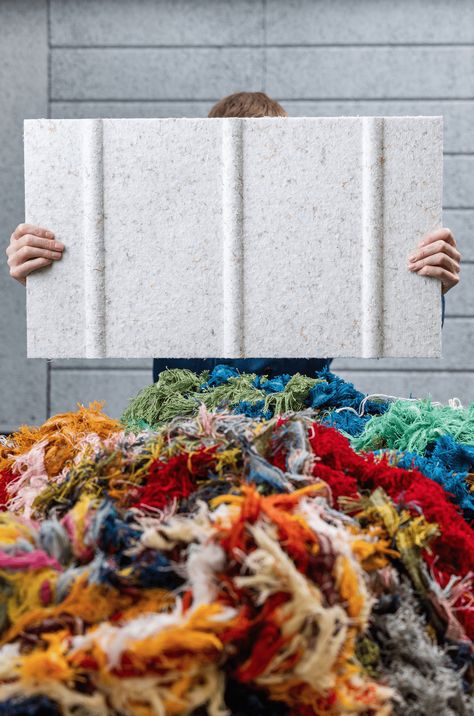 Baux launches material made out of 100% traceable textile offcuts - Workplace | Design | Architecture Upcycling, Textile Recycling Projects, Sustainable Textile Design, Upcycling Textiles Ideas, Sustainable Exhibition Design, Recycling Photography, Waste Material Products, Upcycle Material, Recycling Textiles