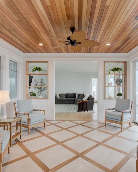 Wood On Vaulted Ceiling, Wood Panel Ceiling Living Room, Plank Ceiling Ideas, Wood Interior Walls, Exposed Wood Ceilings, Jamaica House, Wood Plank Ceiling, Elegant Tray, Plank Ceiling