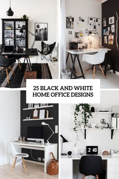 Small Home Office Ideas Black And White, Black White And Blue Office Decor, Black White Brown Office, Black And White Aesthetic Office, White And Black Office Ideas, Black And White Boho Office, Home Office With Black Furniture, Black White Office Ideas, Black Desk Office Decor