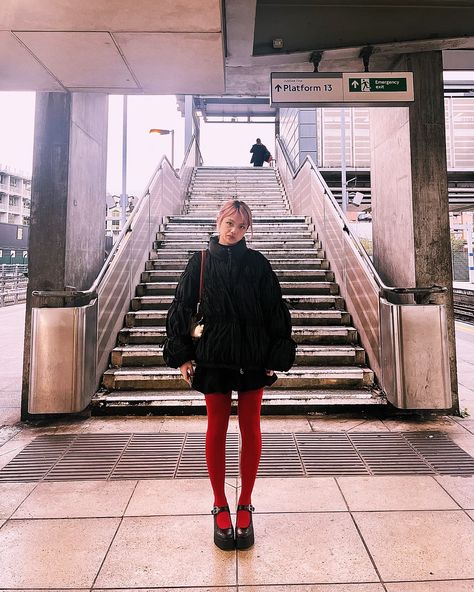 +100 Aura🤓 // @sundae.school puffer dropping 10.10 🫵🏻 Opaque Tights Outfit Winter, Red And Black Winter Outfits, Red Lace Tights Outfit, Red Tights Outfit Winter, Outfits With Red Tights, Maroon Tights Outfit, Red Tights Aesthetic, Funky Tights Outfits, Floral Tights Outfit