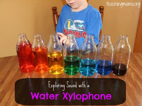 Water Xylophone - Teaching Mama Water Xylophone, Xylophone Music, Fun And Easy Crafts, Teaching Mama, Homeschool Music, Multi Sensory, Preschool Music, Water Food, Music Appreciation