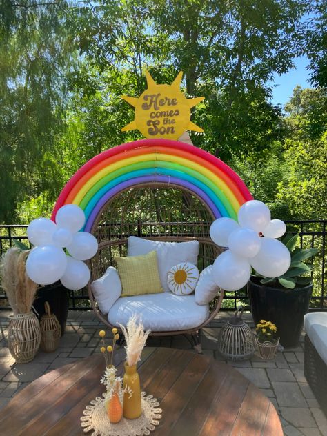 Rainbow Made Out Of Pool Noodles, Rainbow Out Of Pool Noodles, Preschool Promotion Ideas, Pool Noodle Rainbow Diy, Rainbow Pool Noodles Diy, Rainbow Pool Party, Rainbow Theme Backdrop, Rainbow Arch, Pride Pool Party