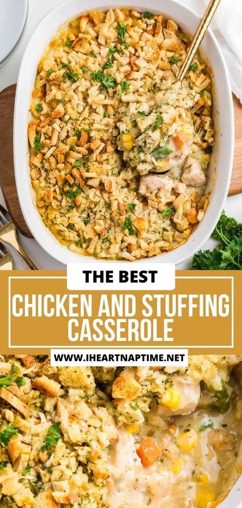 Easy, creamy, and full of Thanksgiving flavors, chicken and stuffing casserole is the perfect way to indulge in the comforts of fall in a simple casserole! Chicken Wild Rice Stuffing Casserole, Stuffing Topped Casserole, Chicken Rice And Stuffing Casserole, Chicken Casserole Recipes With Pepperidge Farm Stuffing, Corn Stuffing Casserole, Stovetop Dressing Chicken Casserole, Chicken With Stove Top Stuffing Baked, Turkey Stovetop Stuffing Casserole, Chicken Breast With Stuffing Recipes