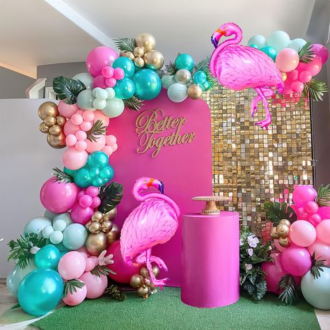 PRICES MAY VARY. 【tropical Themed hot pink and blue green gold Balloon Kit】INCLUDES the following 140+PCS 5" 10" 12"18"balloons in various sizes, we chose hot pink and blue green gold as Palette for the theme, Add 2pcs foil tropical Themed Balloon & Glue Dot Tie Kit lets you create a cheerful and vibrant atmosphere, perfect for tropical Birthday themed party 【100% Reliable Color 】 We insist on 100% real photography，Providing True Color of every single balloons,what you have to do is trust your c Island Themed Birthday Party, Pink And Turquoise Party, Miami Theme Party Decor, Miami Vice Balloon Garland, Tropical Party Balloon Garland, Hot Pink And Turquoise Balloon Garland, Flamingo Themed Party Backdrop, Flamingo Birthday Decorations, Hawaii Party Decorations