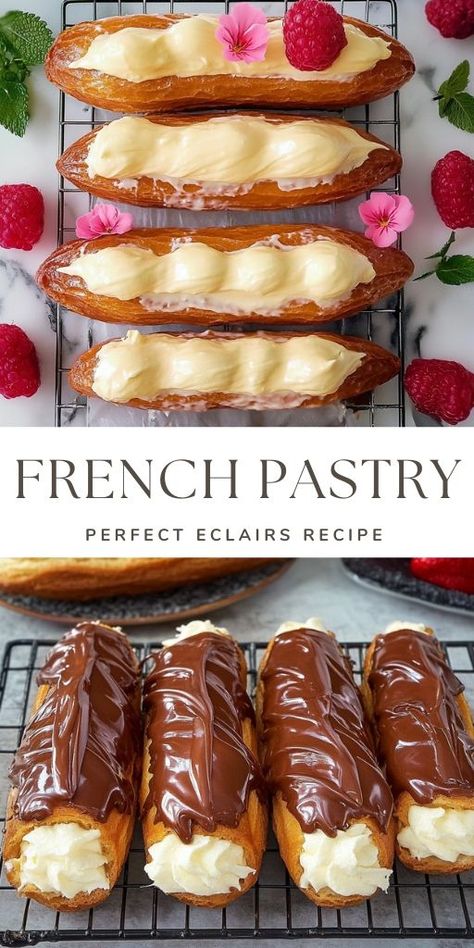 Perfect Eclairs Recipe Ingredients For the Custard (makes enough for 11-12 eclairs): 2 Eggs 70 g (2.4 oz) Sugar 30 g (1.0 oz) Cornstarch 500 ml Milk 80 g (2.8 oz) Butter #Pastry #Puff Homemade Eclairs Recipes, Custard Eclairs, Best Eclairs Recipe, Classic Eclair Recipe, Eclair Puffs, Homemade Eclairs, Eclairs Recipe, Eclair Dessert, European Desserts