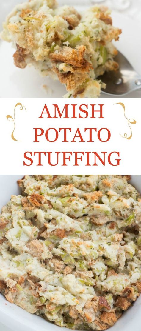 A delicious potato stuffing recipe, just like the Amish make it in Pennsylvania Dutch country. Potatoe Stuffing, Potato Stuffing Recipes, Amish Potato Stuffing, Autumn Chicken, Potato Stuffing, Amish Food, Pennsylvania Dutch Recipes, Mennonite Recipes, Potato Filling