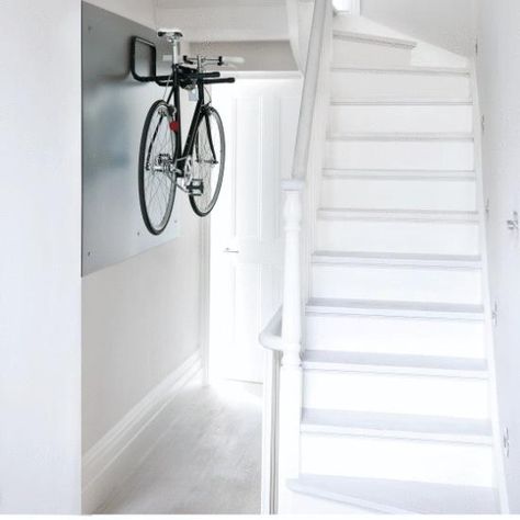 Bike Storage Small Space, Hanging Bike Rack, Bike Storage Apartment, Indoor Bike Rack, Indoor Bike Storage, White Hallway, Bike Storage Solutions, Cycle Storage, Bike Hooks