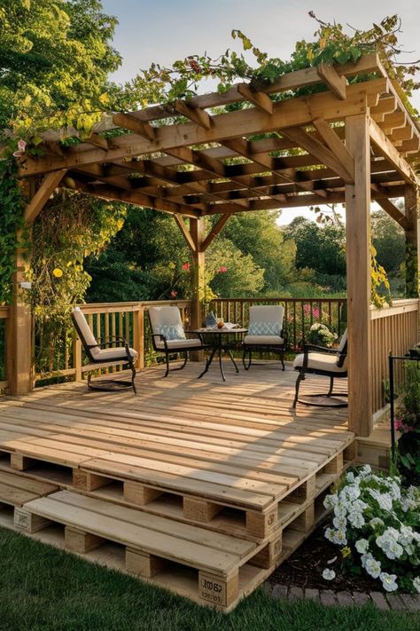 19 DIY Pallet Patio Deck [Complete Guide]  – craftydiyers.com Diy Deck From Pallets, Palet Decking Diy Patio, Pallet Gazebo, Pallet Gazebo Ideas, Pallet Decks, Diy Pallet Patio, Backyard Pallet Ideas, Pallet Patio Decks, Pallet Deck Diy