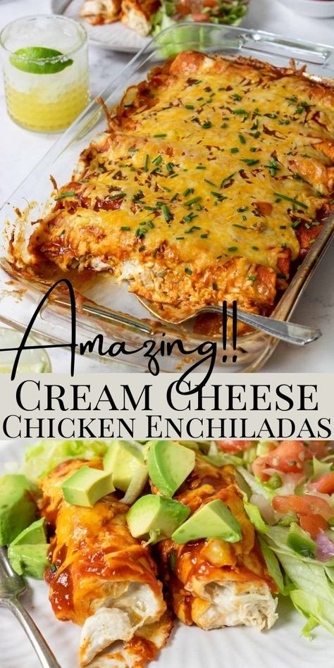 Enchiladas Easy, Cream Cheese Chicken Enchiladas, Easy Enchiladas, Chicken Enchiladas Easy, Enchiladas Recipe, Cheese Chicken, Mexican Dinner, Chicken Enchilada Recipe, Cream Cheese Chicken