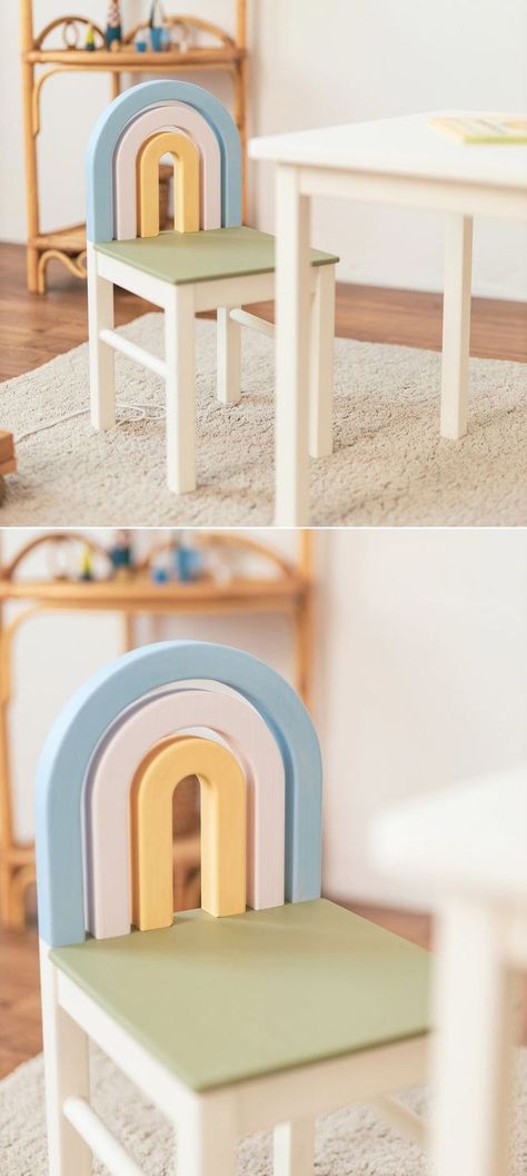 This pastel-colored rainbow children’s chair can fit into any space due to its simple and timeless design. Its design supports a child’s playfulness, curiosity and creativity. Kindergarten Furniture Design, Dt Coursework, Kids Chair Design, Rainbow Chair, Pastel Chair, Rainbow Furniture, Wall Clock Craft, Child Furniture, Rainbow Chairs