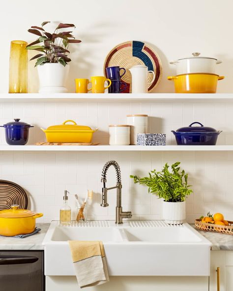 4 Ways Le Creuset's New Nectar Color Fits into Your Kitchen Design | Apartment Therapy Wall Mounted Wood Shelves, Le Creuset Kitchen, Love Minimal, Le Creuset Cookware, Kitchen Towel Holder, Creative Cooking, Kitchen Utensil Holder, Best Kitchen Designs, Song Of Style