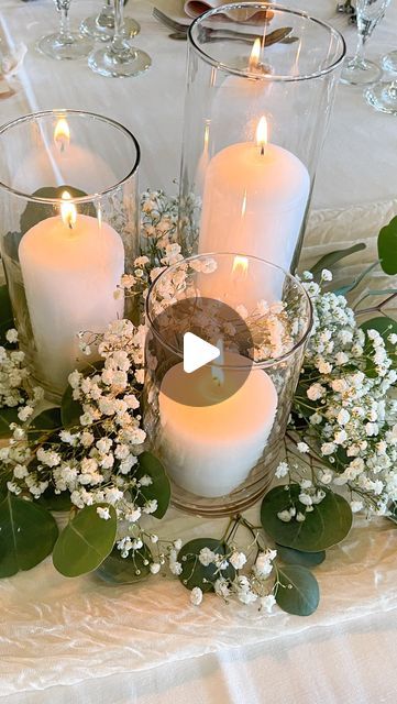 Flawless Functions on Instagram: "Candle Centerpieces are a great way to save money will still looking lux and elegant.   #wedding #weddingcenterpiece #candlecenterpiece #diywedding #diyweddingdecor #elegantwedding #classicwedding #bride #bridal #weddinginspiration #weddingdecor #weddingtrends #weddingideas" Candles And Flowers Centerpieces, Candle Tablescapes Wedding, Wedding Reception Centerpieces Candles, Wedding Candle Centerpieces, Candle Tablescapes, Wedding Couple Table, Floating Candle Centerpieces Wedding, Wyoming Wedding, Floating Candle Centerpieces