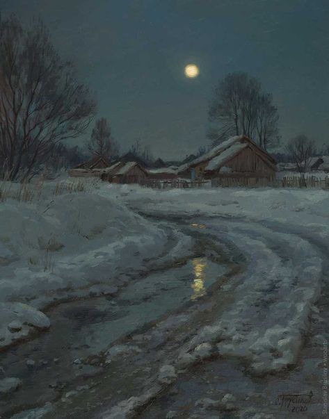 Stanislav Brusilov Painting Nocturnal Paintings, Russia Landscape, New Year Art, Moonlight Painting, Painting Competition, Russian Painting, Painting Snow, Night Landscape, Winter Painting