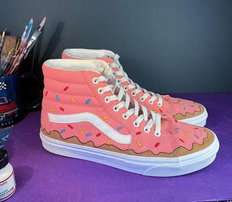 Custom Vans Old Skool, Pink Backround, Donut Shoes, Idol Costume, Pink Donut, Custom Af1, Pink Donuts, Shoes Ideas, Custom Vans