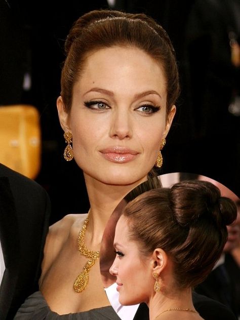 Wedding Hairstyles And Makeup, Slick Back Updo, Angelina Jolie Golden Globes, Updo With Volume, Celeb Hairstyles, Lumpy Space, Angelina Jolie Photos, Slick Back, Elegant Updo