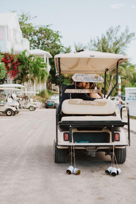 Island Style Wedding Send Off in a golf cart with a driftwood "Just Married" sign Golf Cart Getaway Wedding, Wedding Golf Cart Decorations, Just Married Golf Cart, Golf Cart Wedding Exit, Island Style Wedding, Obx Wedding, Getaway Wedding, Driftwood Signs, Just Married Sign