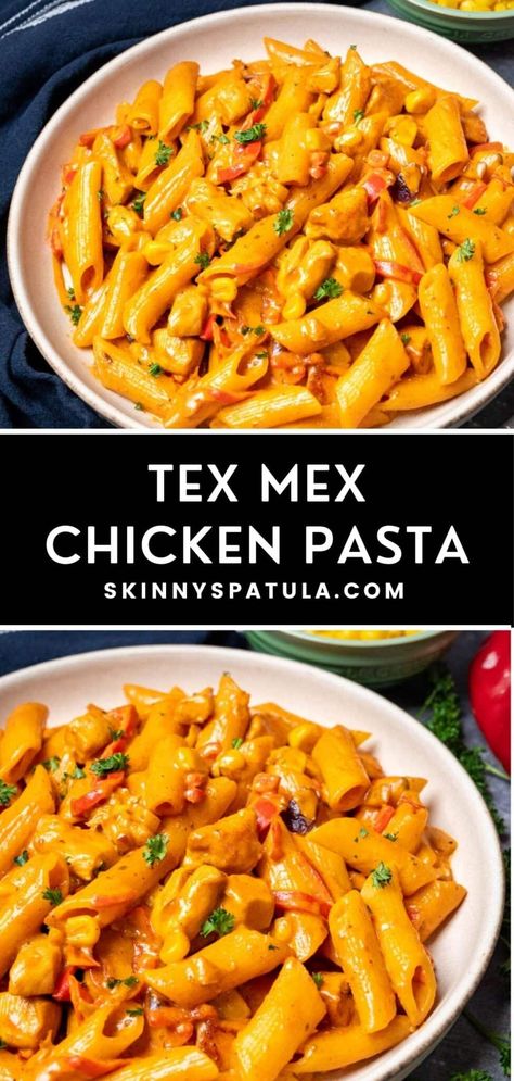 Tex Mex Pizza, Mexican Chicken Pasta Recipes, Chicken Tortilla Pasta, Southwestern Chicken Pasta, Tex Mex Chicken Pasta, Taco Chicken Pasta Recipes, Tex Mex Pasta Casserole, Mexican Alfredo Pasta, Chicken Tex Mex Recipes