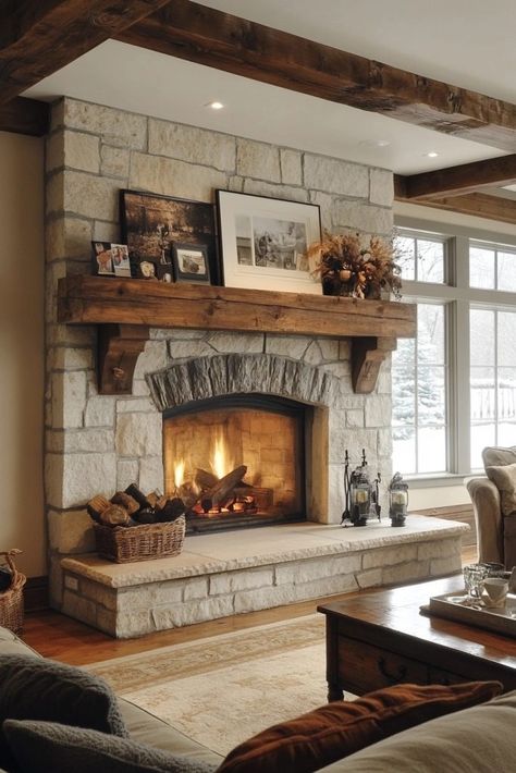 Exposed Stone Fireplace, Giant Stone Fireplace, Living Room With Central Fireplace, Stone Fireplace Aesthetic, Farmhouse Fireplace Ideas Rustic Stone, Fireplace Ideas Rock, Front Porch Fireplace Ideas, Faux Rock Fireplace Stone Veneer, Large Stone Fireplace Living Room